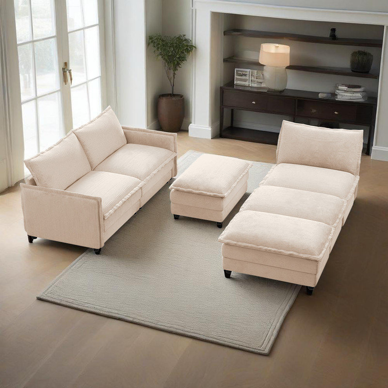 Canapé-lit modulaire en velours côtelé 109 po avec 3 repose-pieds mobiles 109 po, Velours côtelé beige