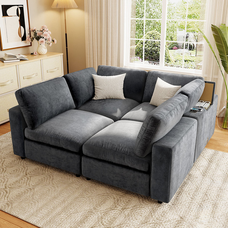 Canapé modulaire rembourré avec espace de rangement et ports de charge USB, Gris chenille