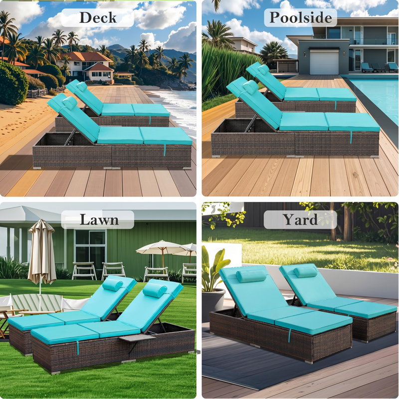  Outdoor Rattan Chaise Lounge Set of 4 with Reclining Backrest, Sidetable, Cushions & Head Pillows, Blue, 4