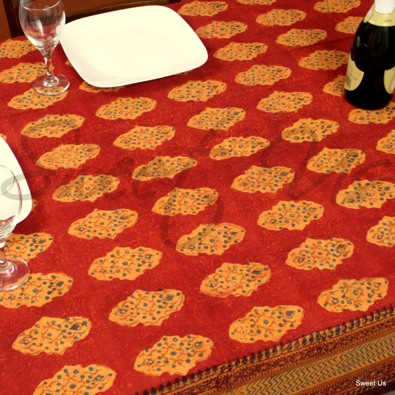 Block Print Diamond Cotton Tablecloth, Rust, 104" L x 88" W
