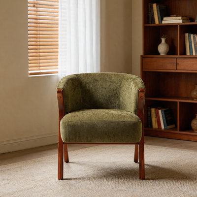 Chaise d'appoint rembourrée vert olive avec structure en bois, style Mid-Century
