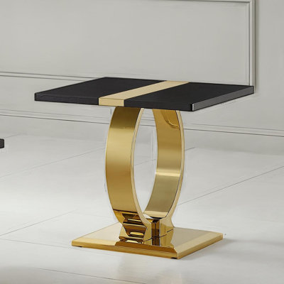 Table d'appoint luxueuse (1 pièce) avec piétement en forme de O, finition acier inoxydable noir et doré pour salon