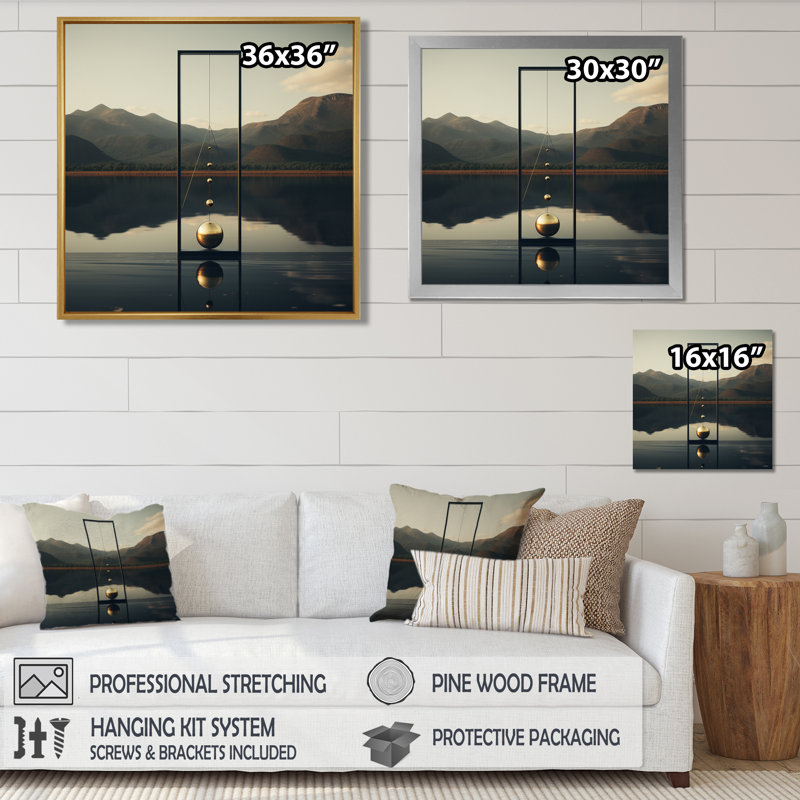 Golden Sphere of Zen Serenity - Abstract Landscape, art mural, Cadre flottant brun, H 16 po x l 16 po