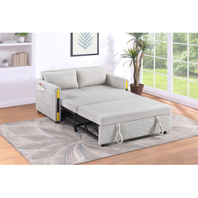 Perseo 55.5"W Beige Teddy Velvet Sleeper Loveseat With Dual-Pull Sleeper Design
