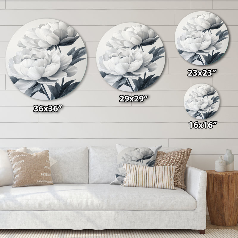 Minimalisme, ombre, pivoines, fleurs II - gris traditionnel, impression sur métal, H 16 po x l 16 po