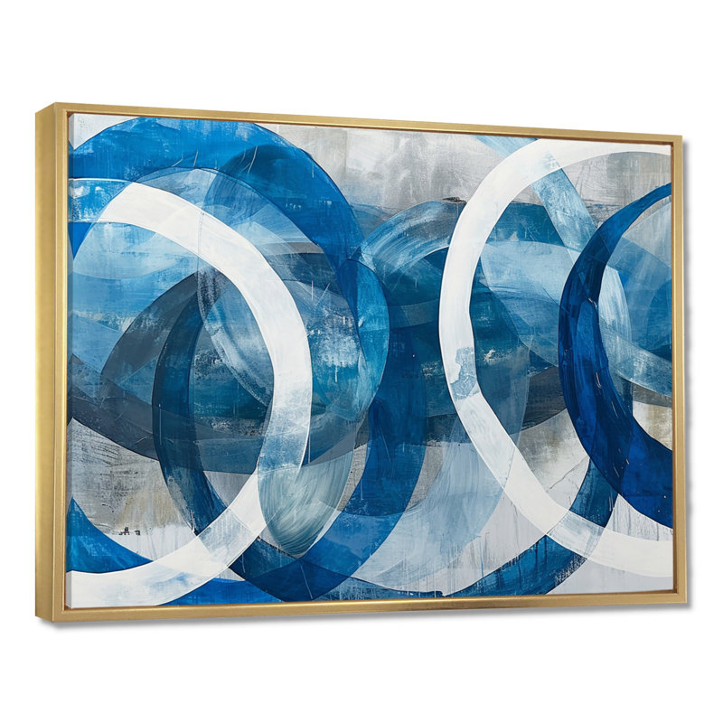 Blanc cercles bleus clairs - art mural géométrique, Toile avec cadre flottant or, H 12 po x l 20 po x P 1 po