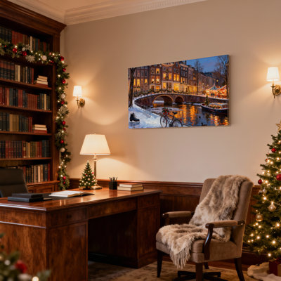 Christmas Winter Cityscape With Canals And Lights Set of 3 Canvas Wall Art Prints