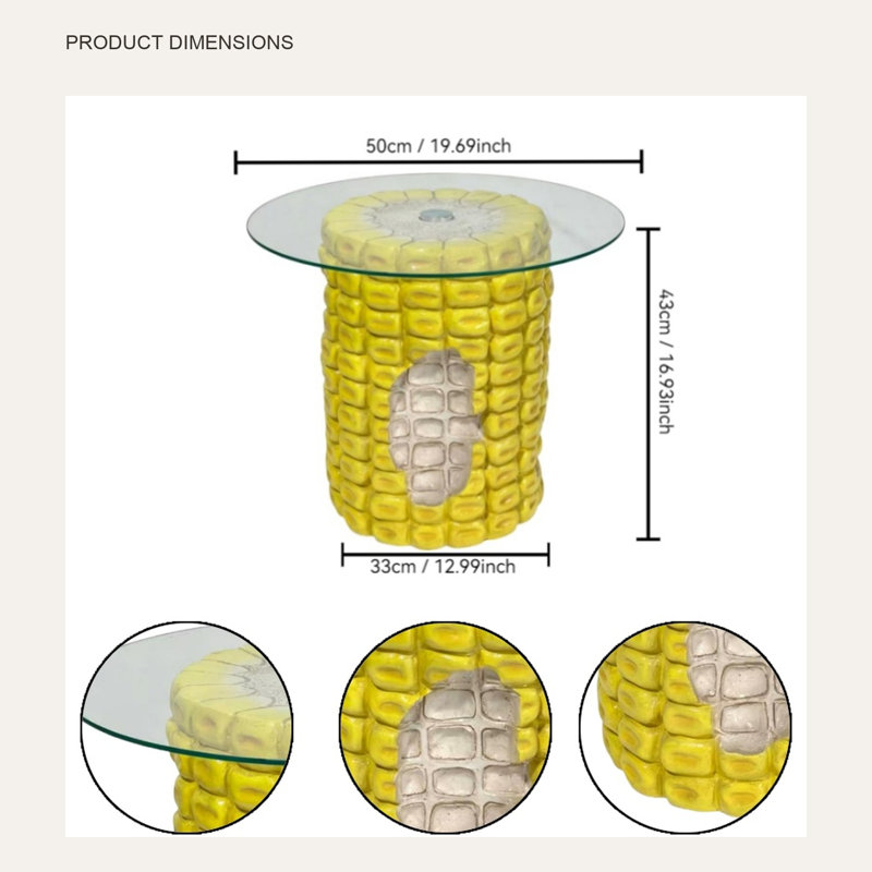 Corn Cob with Glass Top Resin Accent Side Table, 12.99 x 16.93 Inches, Yellow