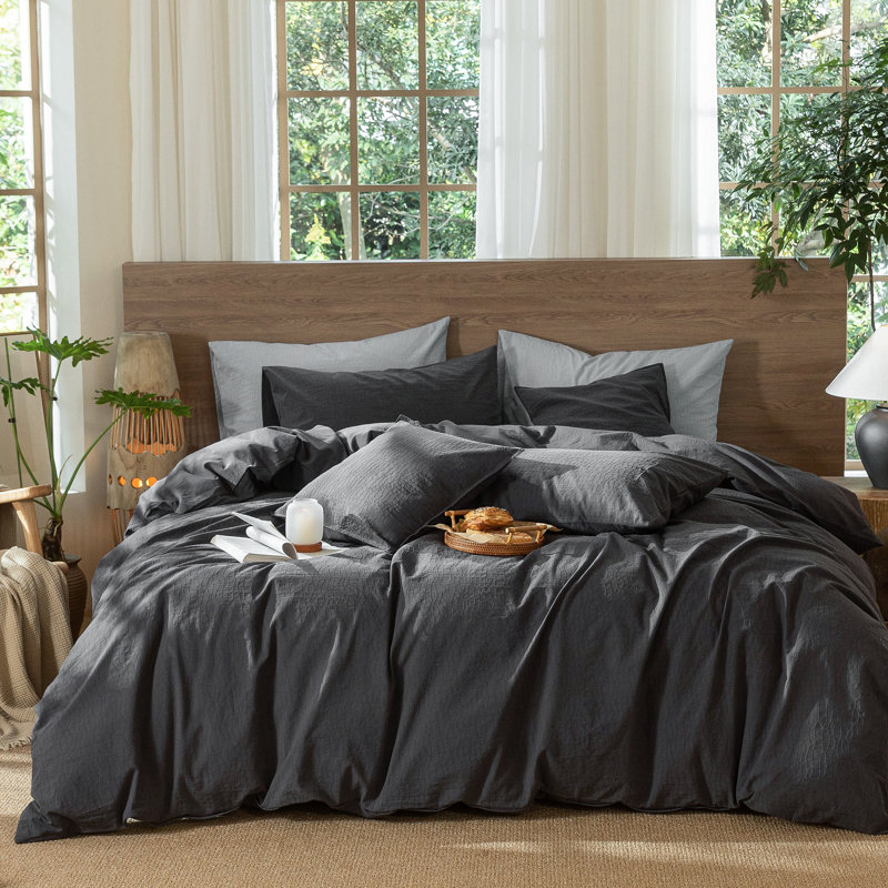 Ensemble de housse de couette à rayures ondulées 100% coton lavé MooMee, Housse de couette grand et 2 taies décoratives