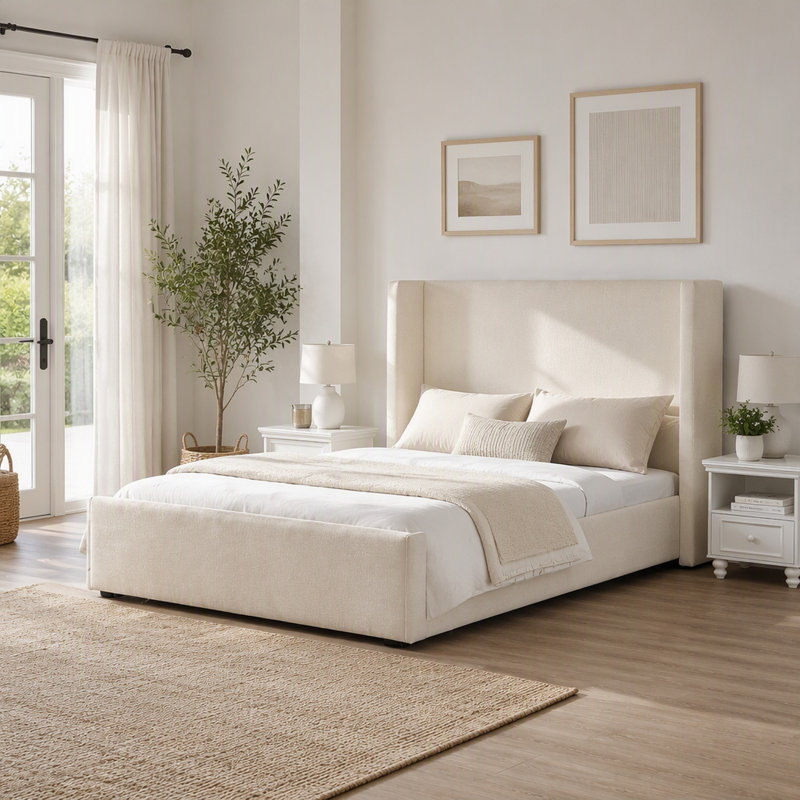 Queen Fabric Upholstered Bed with Tall Headboard