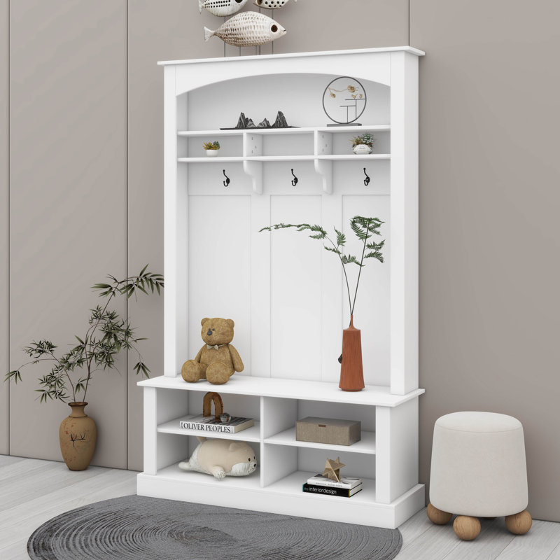 Portemanteau avec banc et rangement pour chaussures pour l'entrée, portemanteau avec 3 crochets et espace de rangement ouvert
