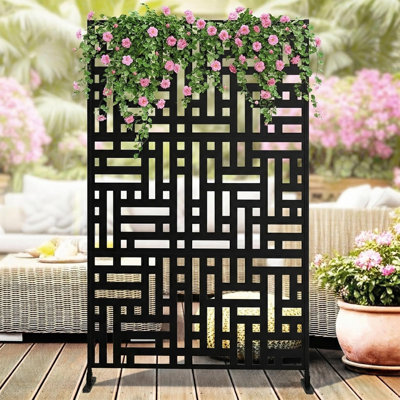 Freestanding Metal Privacy Screen Panel – Garden & Patio Decorative Divider with Stand – 198H x 122W cm (78" x 48"), Rustproof, Waterproof, for Balcony, Backyard, Pool, AC Unit Cover – Black