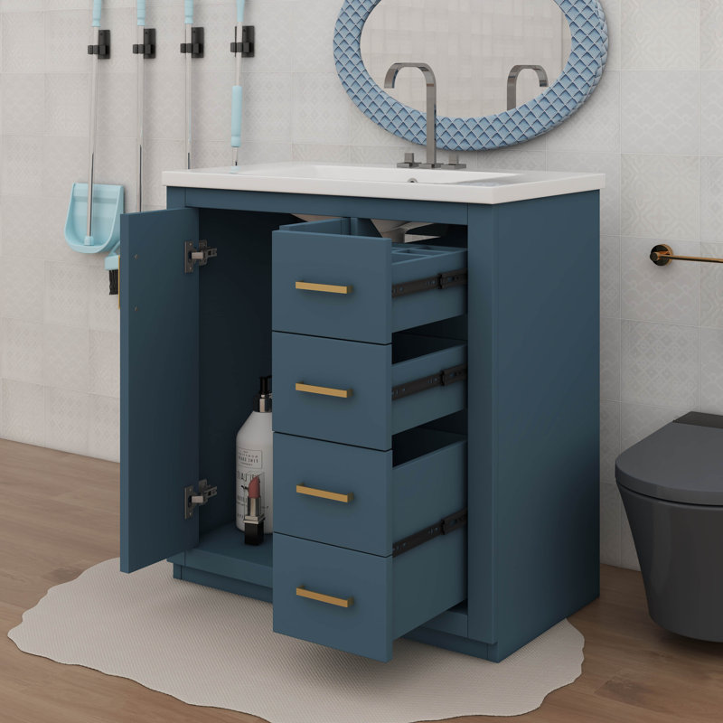 Meuble-lavabo de 30 pouces avec lavabo en céramique intégré et 3 tiroirs à fermeture silencieuse, Bleu, Doré