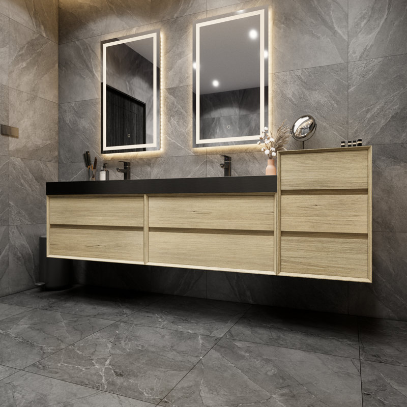 Golitz 103.5 " W Wall Mounted Wall Mounted 2 Double Vanity Bathroom Vanity With Stainless Steel Top, Teak