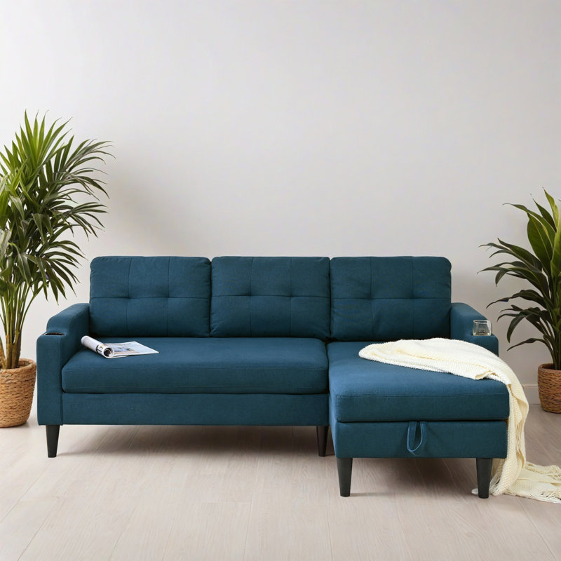 74.82" L Shaped Sleeper Sectional Sofa with Pull Out Bed for Living Room, Blue Polyester