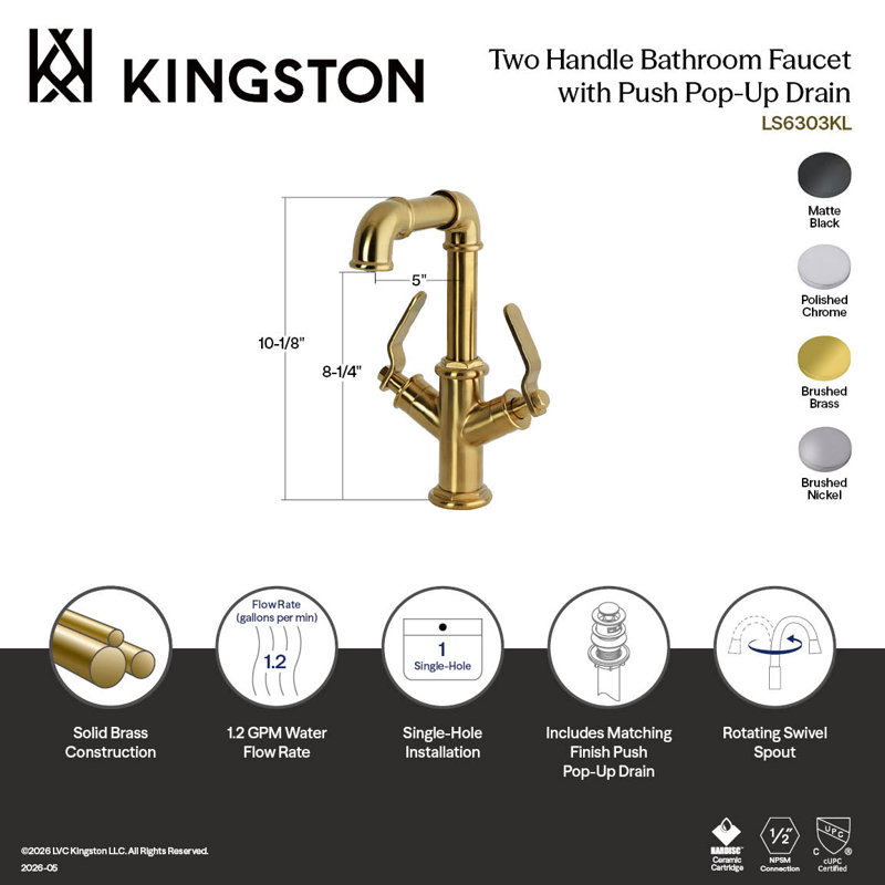 Robinet de salle de bain 1 poignée à deux trous avec bonde à poussoir Kingston, Noir mat