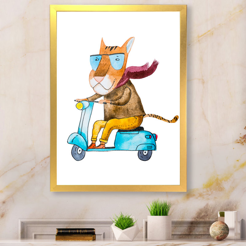 Dessin de tigre sur un scooter - Art mural pour enfants, art sur toile, H 32 po x l 16 po x P 1 po