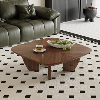 39'' Walnut Square Coffee Table, Mid-Century Modern Wooden Coffee Table with Rounded Corners, Solid Wood Living Room Cocktail Table with Unique Legs