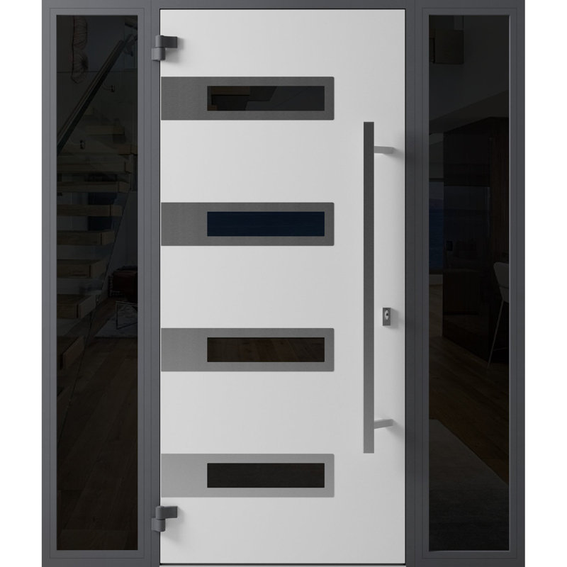 Porte avant en acier pré-suspendue à l'avant / émail noir Ronex 0131/2 fenêtres extérieures latérales / inserts en acier inoxydable avec entrée en métal peint moderne l 12 + 36 + 12 po x H 80 po à droite