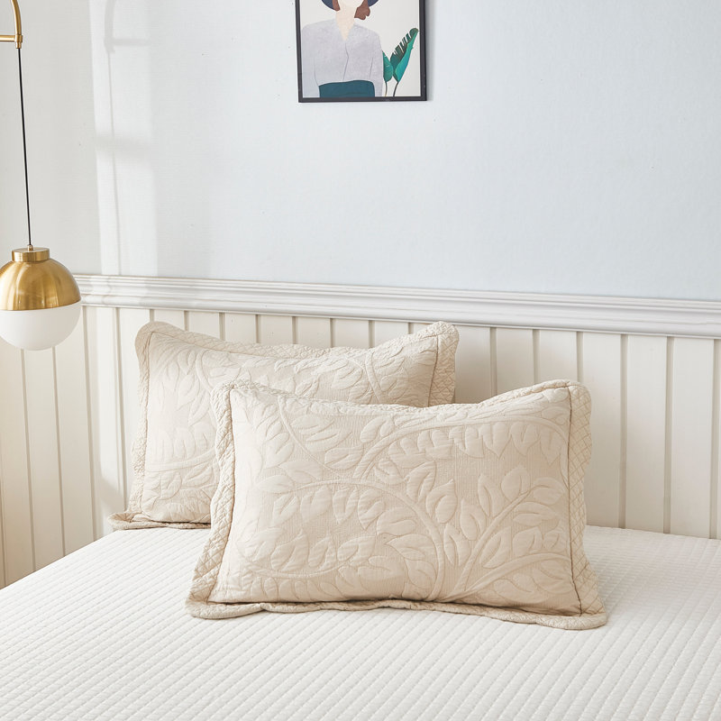 Natural Beige Embroidered Cotton Standard Pillow Shams