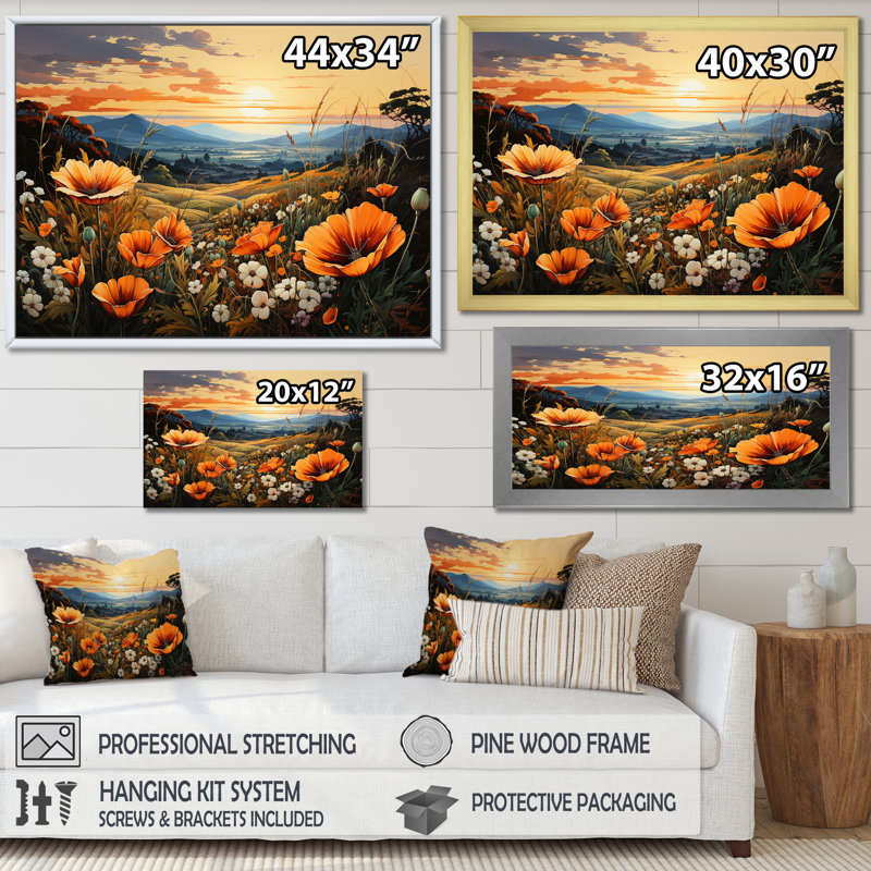 Radiant Golden Blooming Meadow I sur toile, Cadre simple argenté, H 24 po x l 32 po x P 1 po