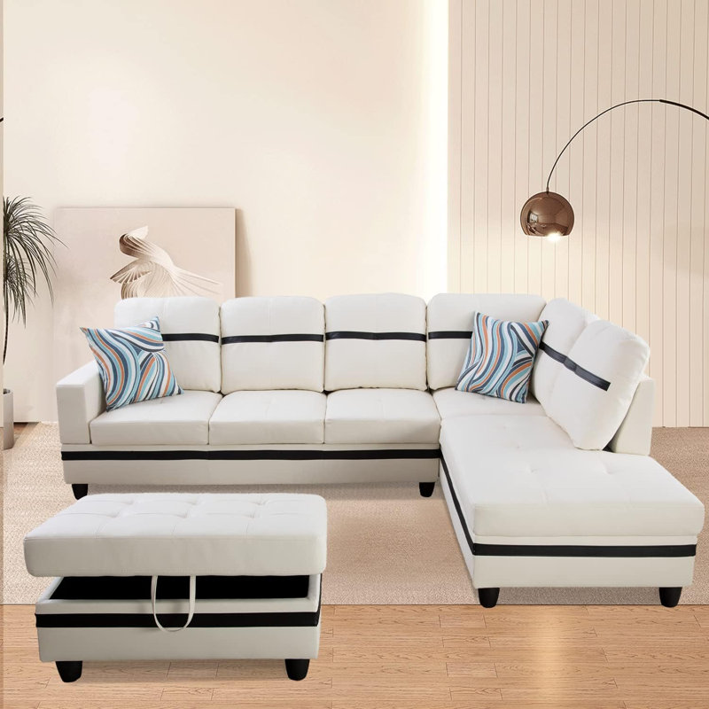 3 - Piece Semi Pu Synthetic Leather Sectional, White/Black/Black Faux Leather