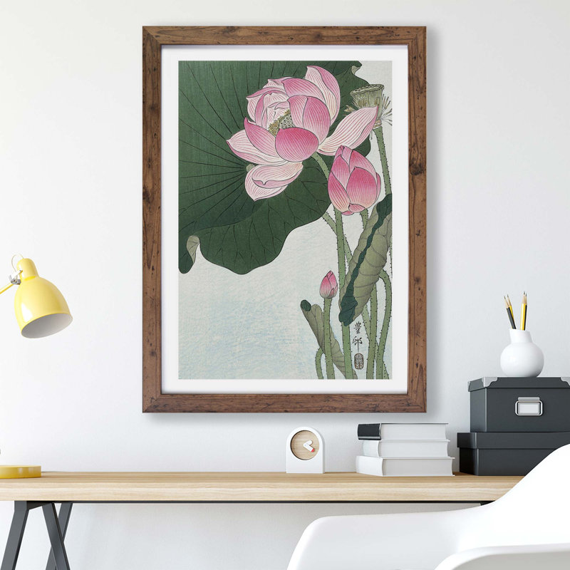 Pink Lotus Flower by Ohara Koson - Framed Print, 24cm H x 33cm W x 2cm D, Walnut