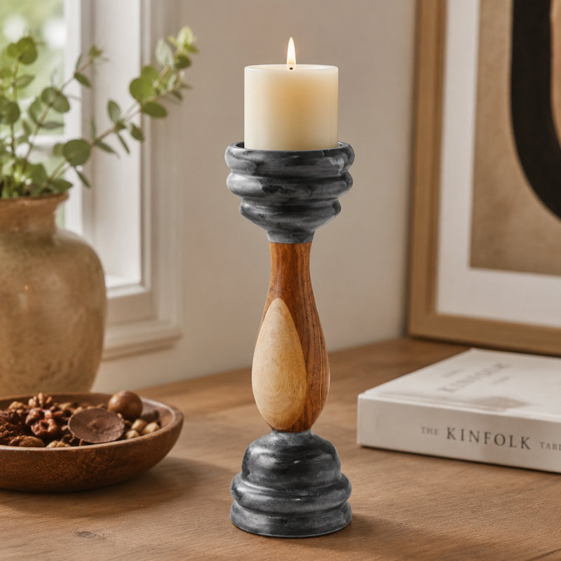 Handcrafted Marble & Wood Black Pillar Candleholder, Black