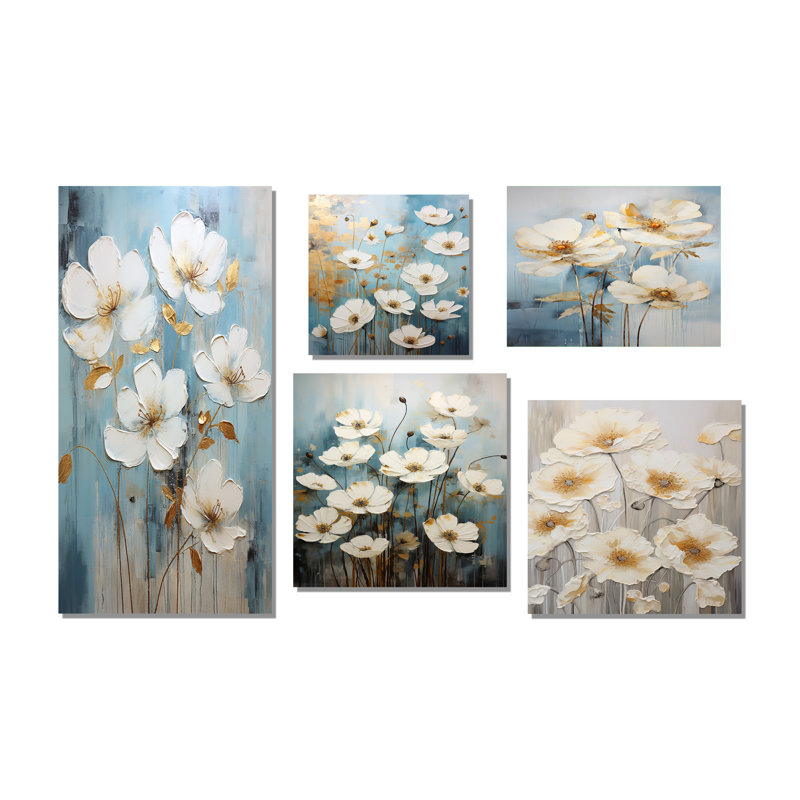 Elegant Beige Buttercups Meadow V - Ensemble de 5 impressions sur toile Buttercups, Toile tendue