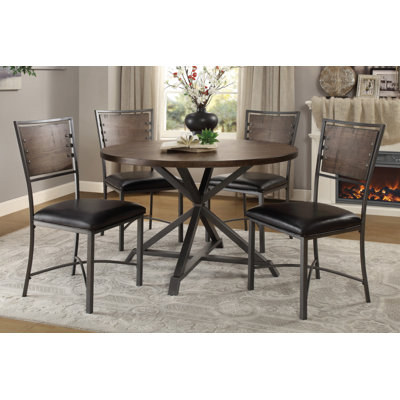 Rustic Industrial Style 5Pc Dining Set Round Table And 4X Side Chairs Faux Leather Seat Metal Frame Burnished Brown Finish And Gray Metal Finish Kitch -  17 Stories, 22C335D9F5D649CCAB53863071681765