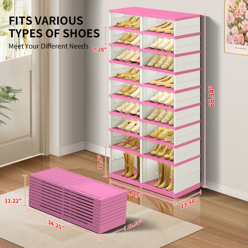 9-Tier 18-36 Pairs Plastic Stackable Shoe Storage Cabinet For Entryway Easy Assembly, Pink/White