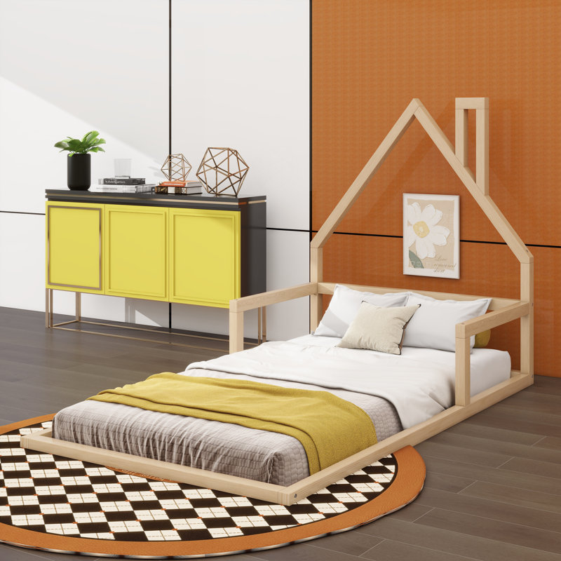 Lit en bois, cadre de lit avec tête de lit en forme de maison, Twin, Natural