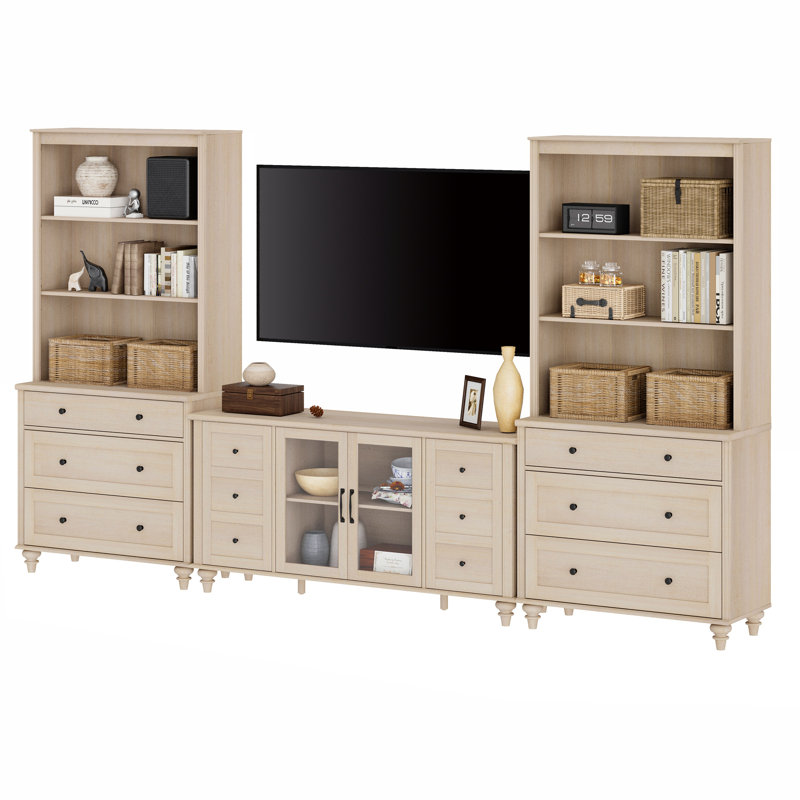 Entertainment Center With Bookshelves With Glass Doors& Drawer, Farmhouse Wall Unit TV Stand For Tvs Up To 65", Media Console Table For Living Room, Bedroom & Home Theater, Light Beige