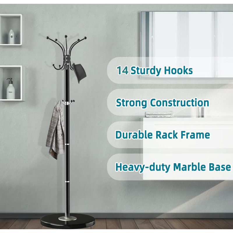 Black Metal Freestanding Coat Rack with Natural Marble Base and 14 Hooks