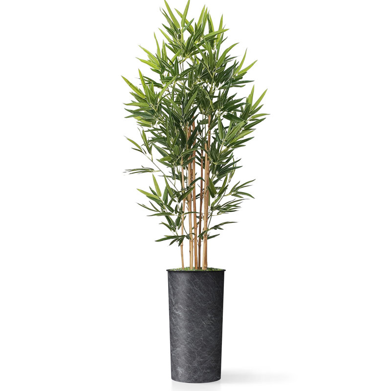 Artificial Tree in Black White Wood Tree Rings Pattern Planter Fake Bamboo Silk Tree, Stone Dark Grey