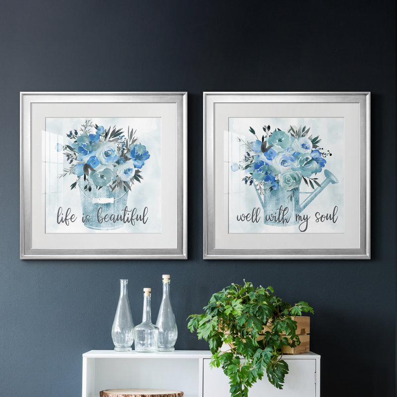 «Blue Beautiful», ensemble de 2 reproductions d'art encadrées, Papier avec cadre argenté, Blanc