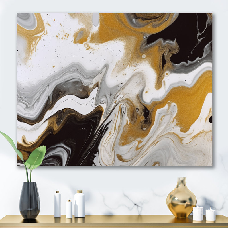 Or et vagues de marbre noir III - art mural Fractals, Toile tendue, H 12 po x l 20 po x P 1 po