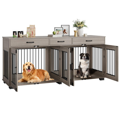 Meuble double 71 po pour 2 chiens de taille moyenne / moyenne - chenil d'intérieur robuste, 3 tiroirs, meuble télé, cage spacieuse avec cloison, fabrication en bois durable