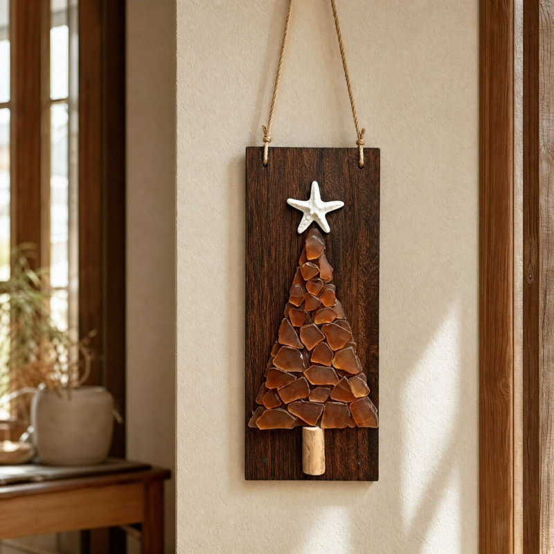 Décoration de Noël en verre de mer, sapin de Noël, panneau mural en bois avec motif de plage, ornement mural décoratif pour la maison et les fêtes de fin d'année