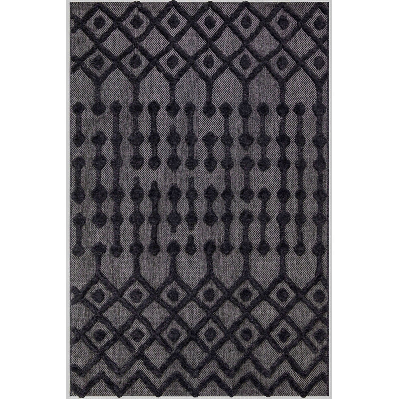 Tapis géométrique en polyester tissé à la machine en noir, Rectangle 5 pi 3 po x 7 pi 7 po