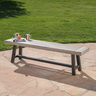 Industrial Modern Acacia Wood Dining Bench - Light Grey Sandblast & Black Metal Frame by 17 Stories