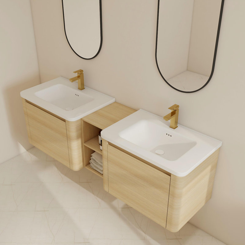 Ensemble de meuble-lavabo double 60 po / 68 po avec 2 lavabos en céramique, 68", Beige
