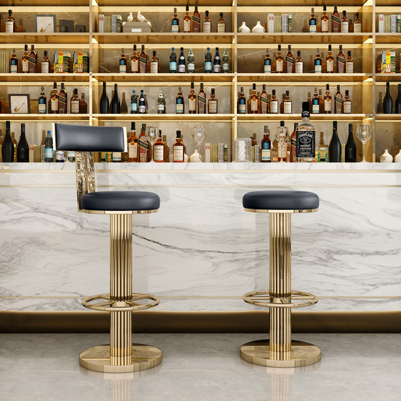 Cravets Stainless Steel Bar Stools with Back Modern Adjustable Barstools Swivel Bar Chairs（1PCS）, Black Leather / Gold Base