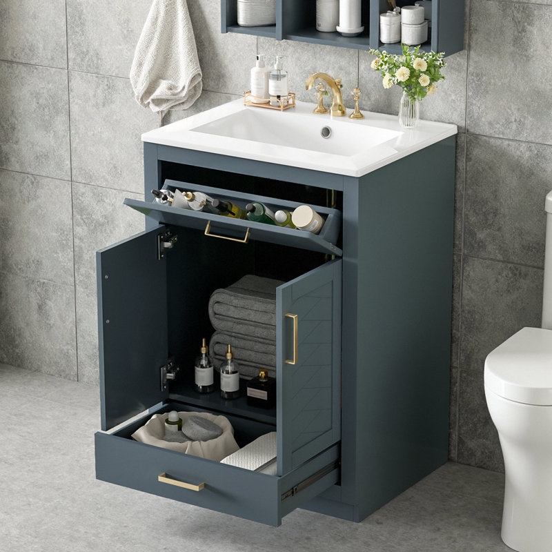 Modern Blue Bathroom Vanity with Ceramic Sink, 2 Doors & Tip-Out Drawer, Blue