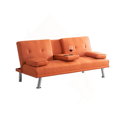 Multifunctional Orange Leather Office Sofa Bed With Double Fold And Coffee Table, Space-Saving Design
