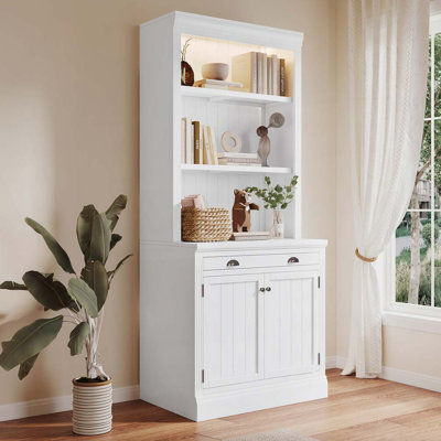 83.4"Tall Bookshelf with LED Lighting,2 Doors and 1 Drawer,Storage Bookcase with Open Shelves for Living Room,Home Office