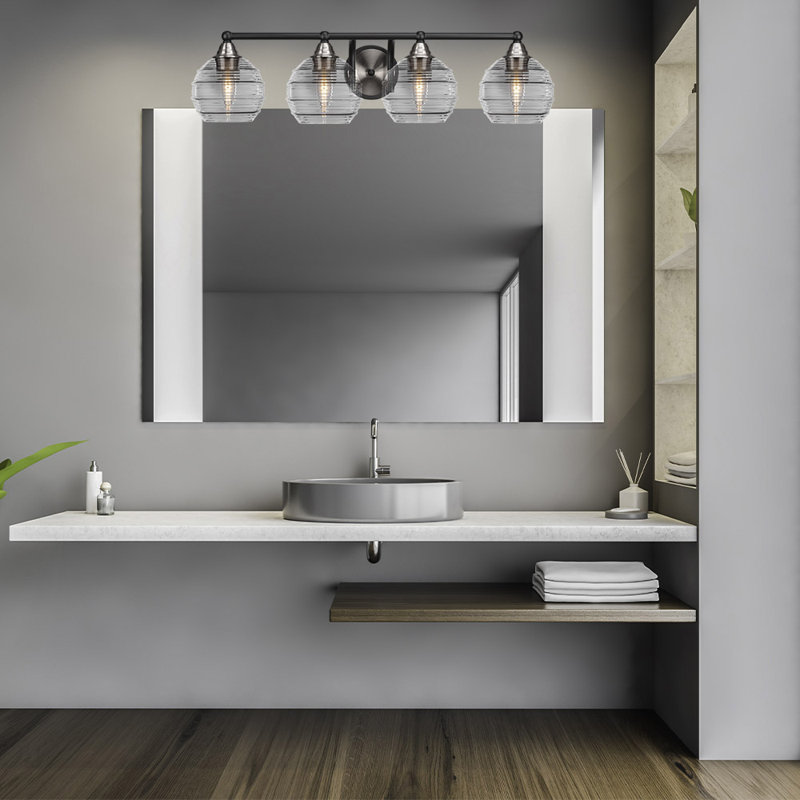 Michell 4 Light Bath Bar Shown With 6" Clear Ribbed Glass, Matte Black/Brushed Nickel