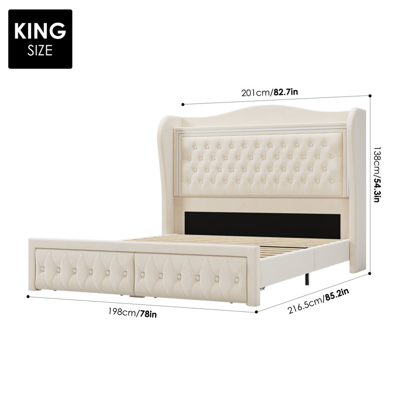 Kaliya Velvet Upholstered Wingback Bed with LED Lights