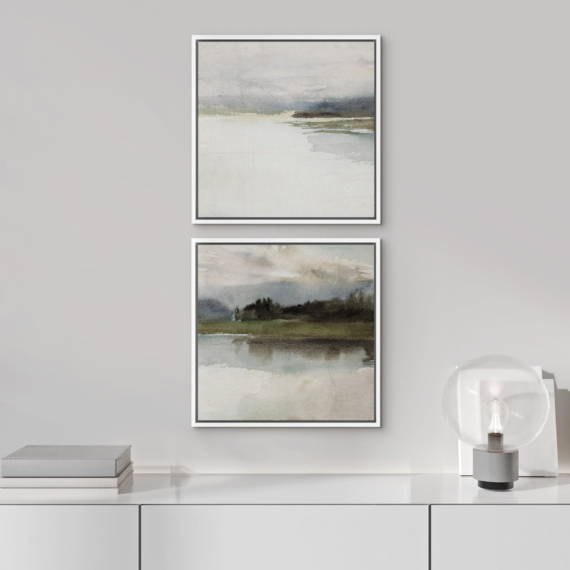 Ambiance lac brumeux apaisant, nature abstraite, paysage, illustrations, art moderne, détente minimale / calme