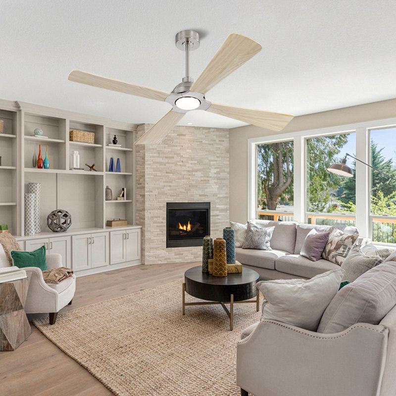 56 po Ventilateur de plafond 4 pales en bois massif avec ensemble d'éclairage et télécommande, Nickel, Couleur granuleuse